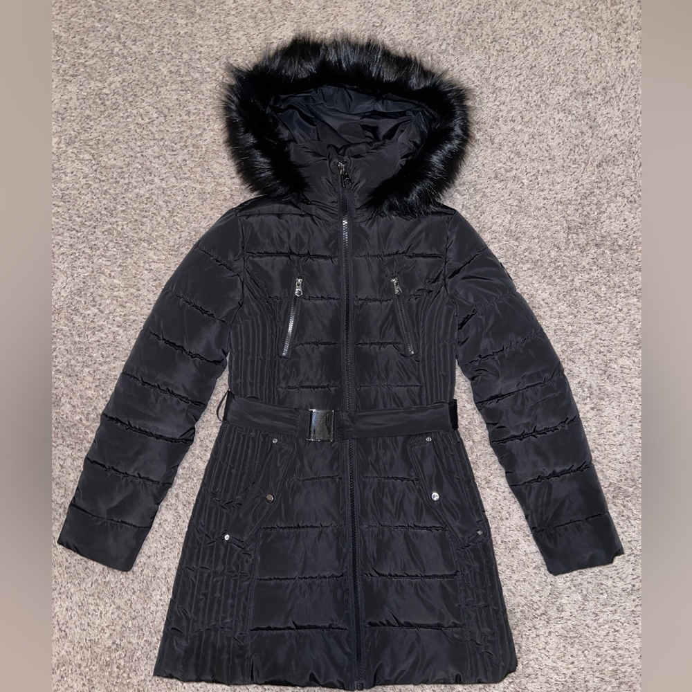 Nautica Belted Faux-Fur-Trim Hooded Puffer Coat, black, size S